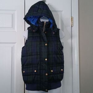 Peyton & Parker blue green plaid black plaid puffer vest with removeable hood XS